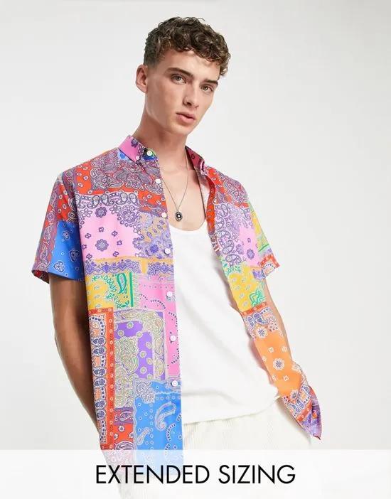 relaxed button down satin shirt in bright paisley bandana