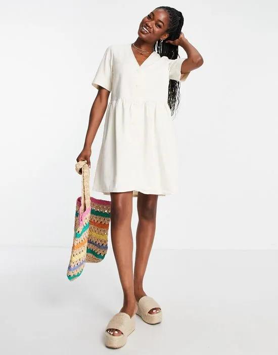 relaxed button up smock dress in ecru denim