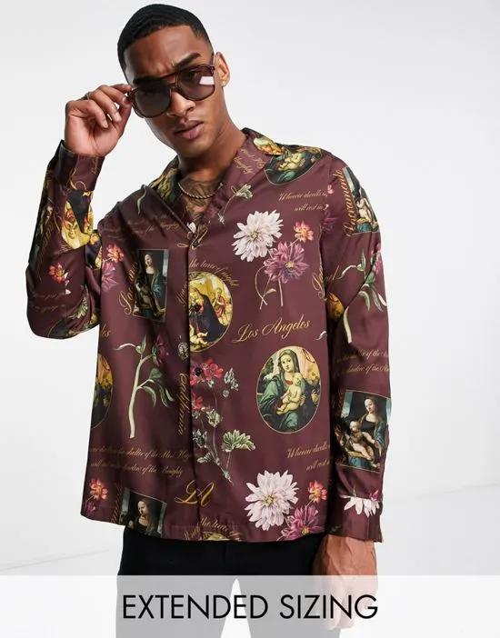 relaxed deep revere satin shirt in floral print