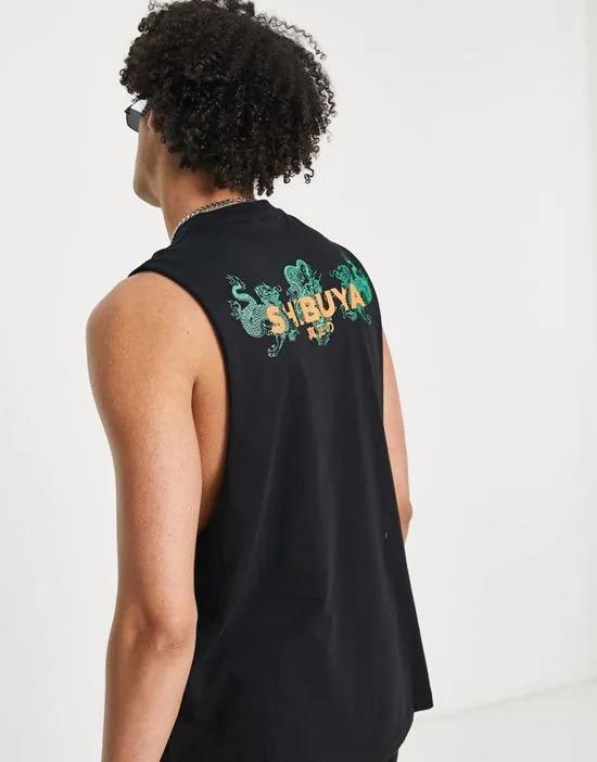 relaxed fit tank top in black with souvenir city front print