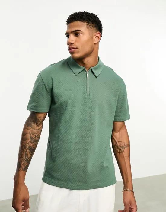 relaxed fit textured polo with zip in khaki