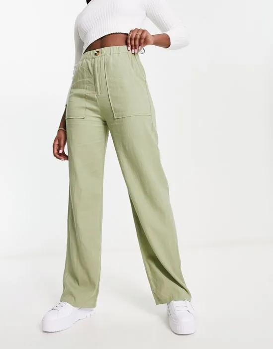 relaxed linen pants in olive green