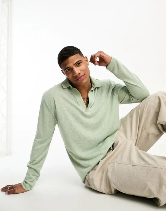 relaxed long sleeve camp collar polo shirt in khaki texture with deep v