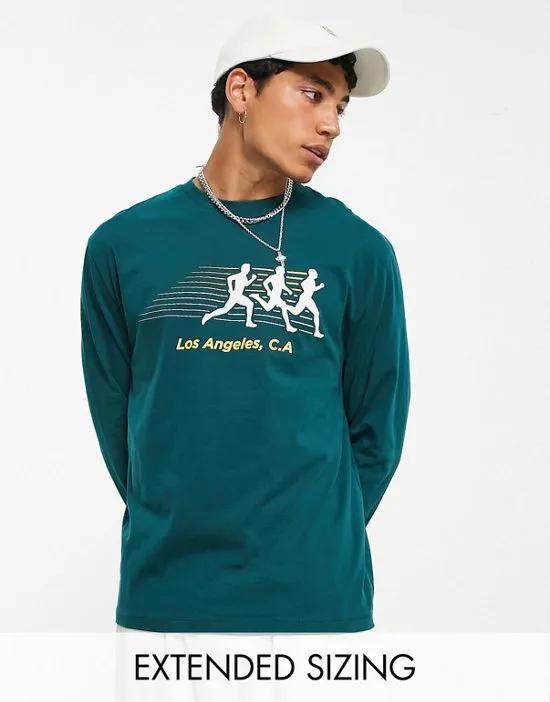 relaxed long sleeve T-shirt in dark green with sports club chest print