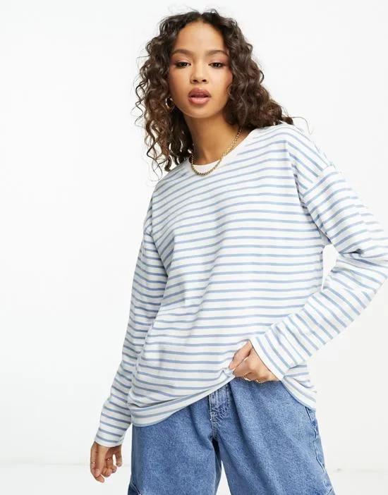 relaxed long sleeve top in blue and white stripe