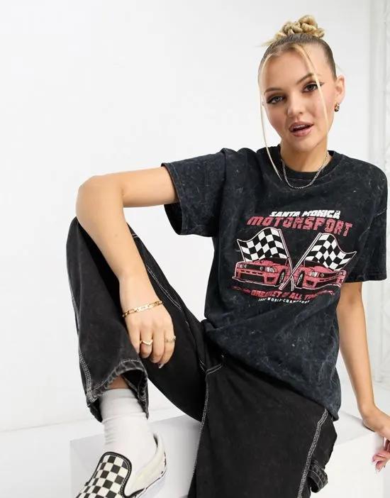 relaxed 'Motorsport' grunge T-shirt in washed black