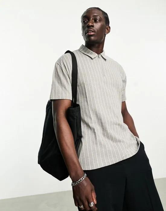 relaxed polo shirt in gray & white stripe with zip