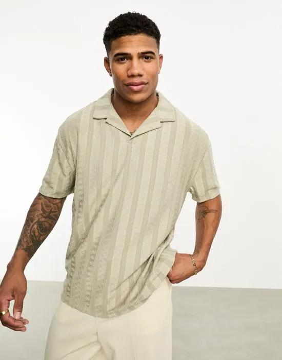 relaxed polo shirt with revere collar in khaki sheer texture