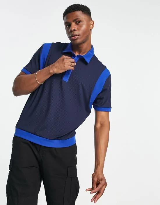 relaxed ribbed polo with paneling in navy