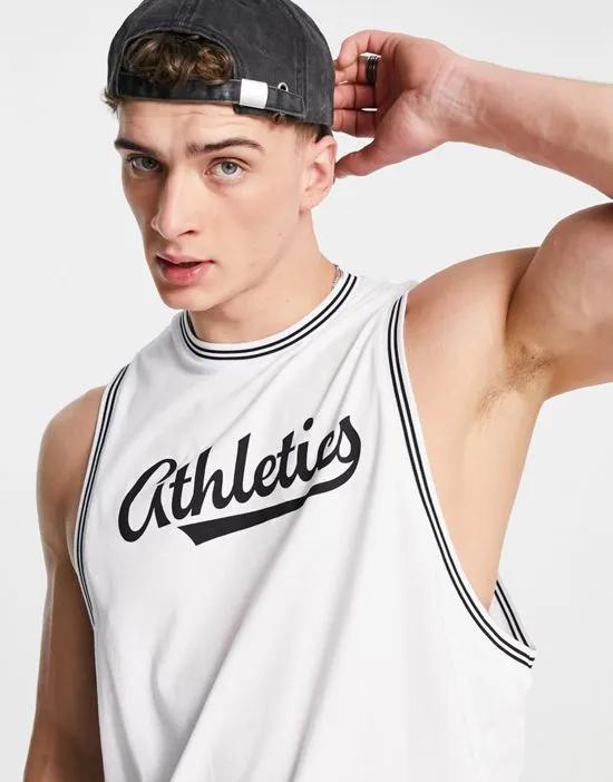 relaxed ringer tank top in white with sports club collegiate print