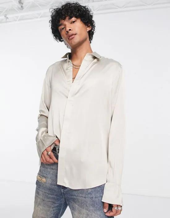 relaxed satin shirt with fluted cuff in champagne