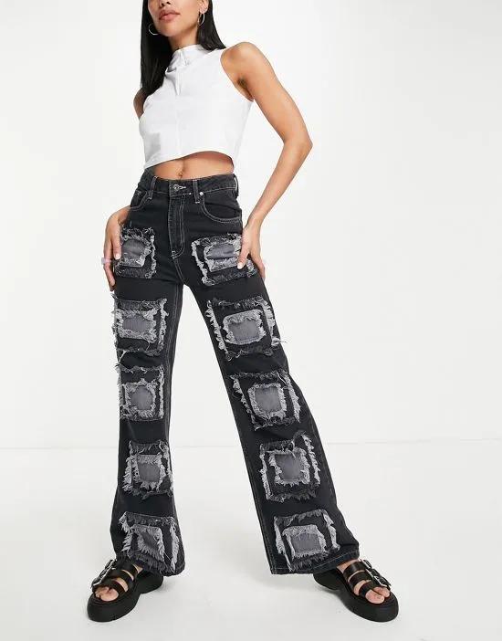relaxed straight leg jeans in charcoal patchwork front