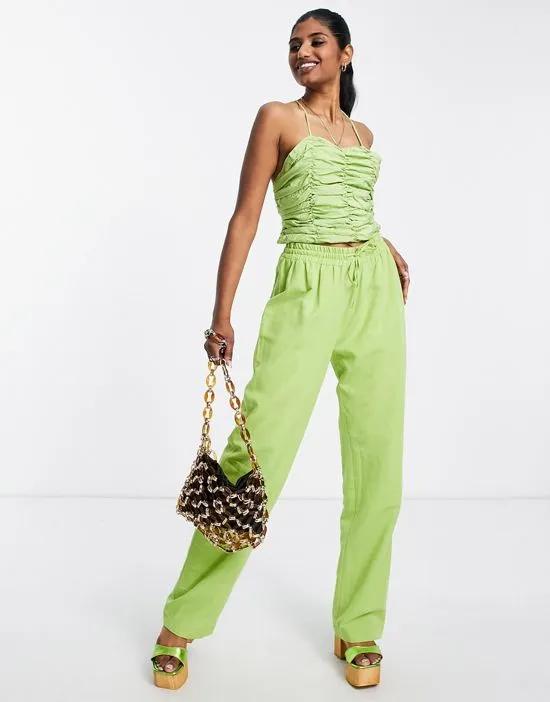 relaxed straight leg linen pants in green - part of a set