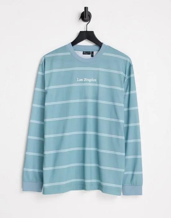 relaxed stripe long sleeve t-shirt in blue with front text embroidery