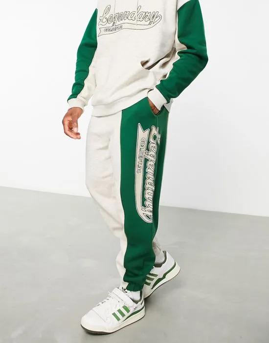 relaxed sweatpants in gray heather & green color block with embroidery