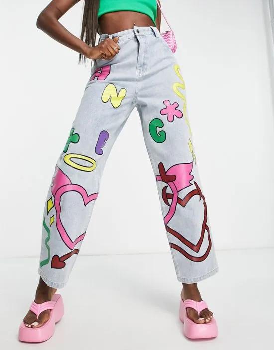 relaxed wide leg jeans with painted doodles