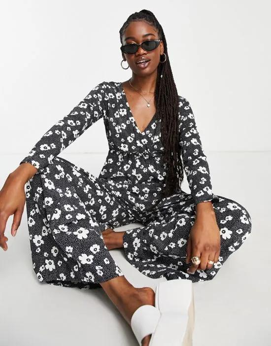 relaxed wrap front jumpsuit in monochrome floral