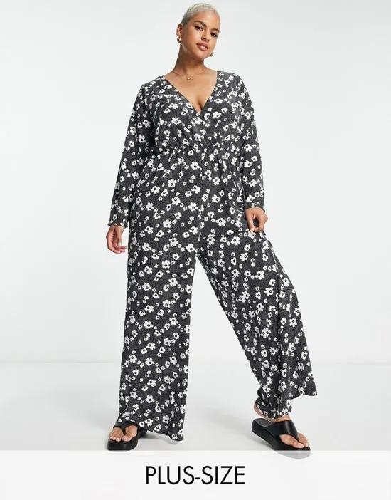 relaxed wrap front jumpsuit in monochrome floral