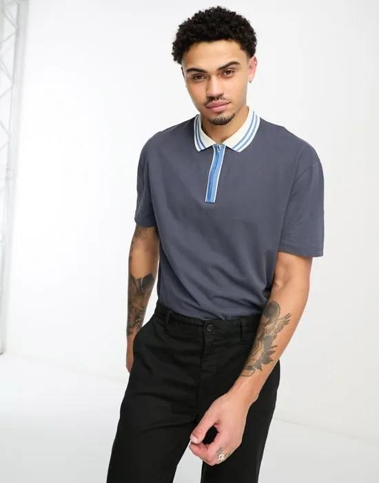relaxed zip polo with contrast placket in navy