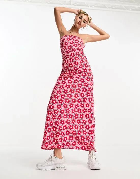 retro floral midaxi tube dress in red