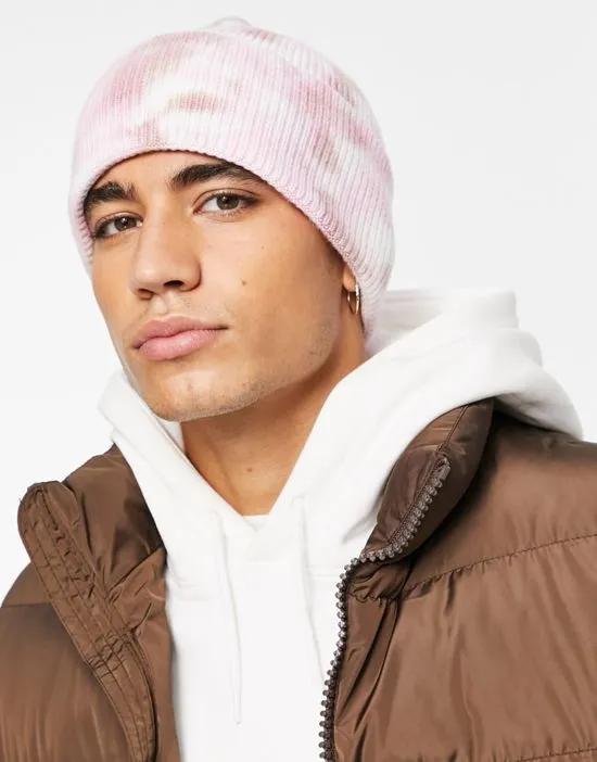 rib beanie with deep turn up in and tie dye design in pink