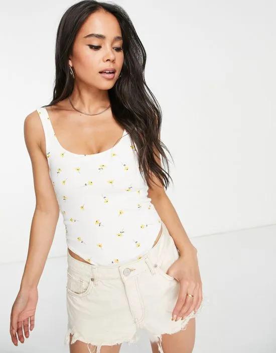 rib bodysuit in yellow delicate floral