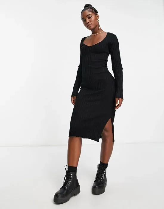 rib knit body-conscious midi dress in black