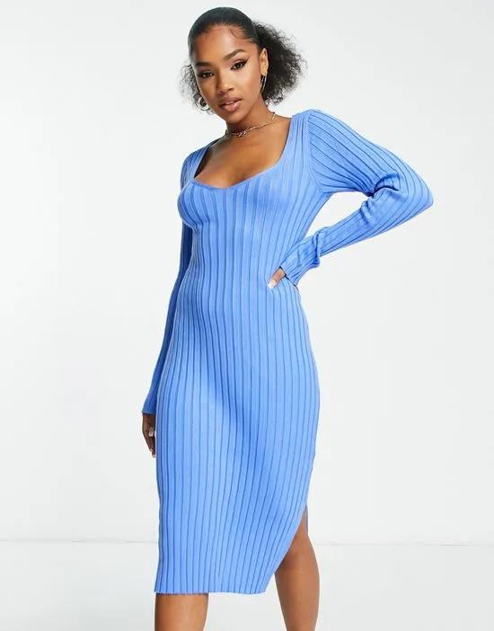 rib knit body-conscious midi dress in blue