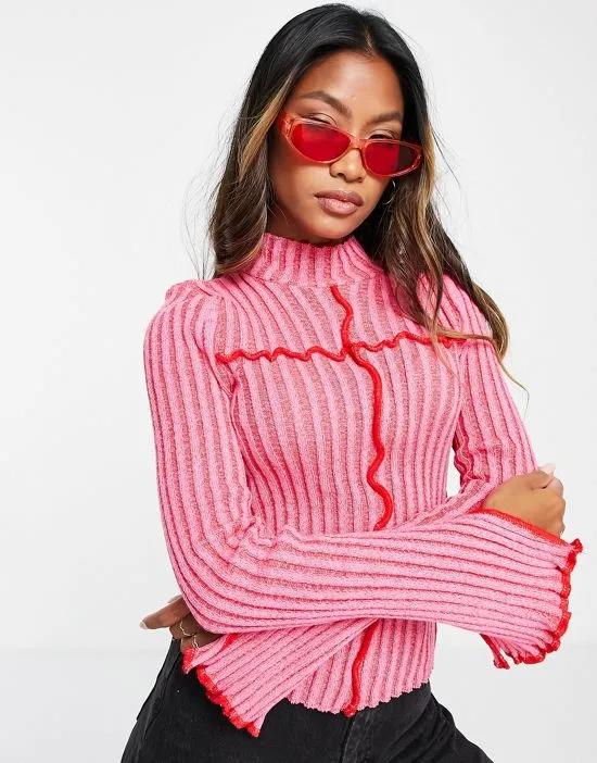 rib sweater with contrast seams in pink