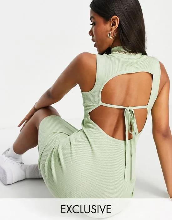 ribbed backless midi dress with high neck in sage - part of a set