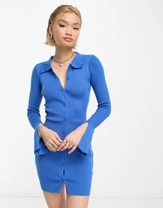 ribbed button through mini dress in cobalt blue