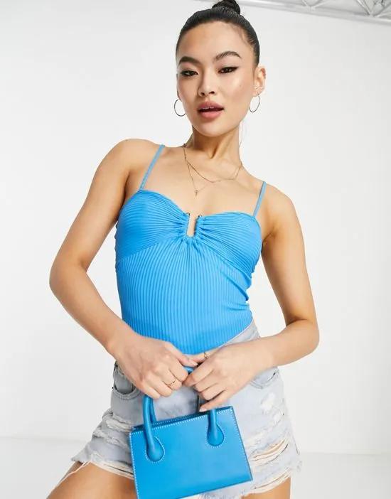 ribbed cami bodysuit with metal trim in bright blue