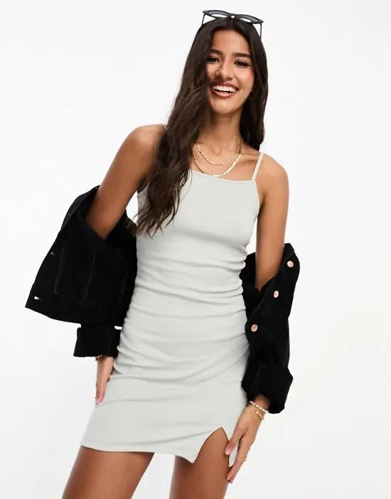 ribbed cami mini dress with thigh slit in gray
