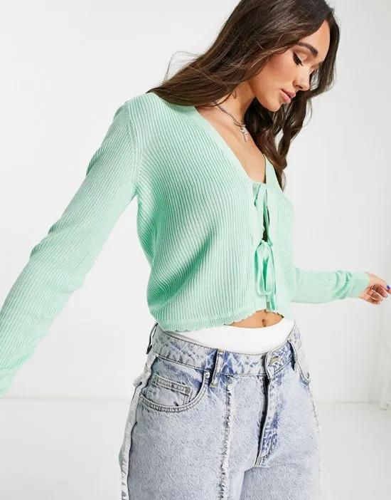 ribbed cardigan with tie front in mint green