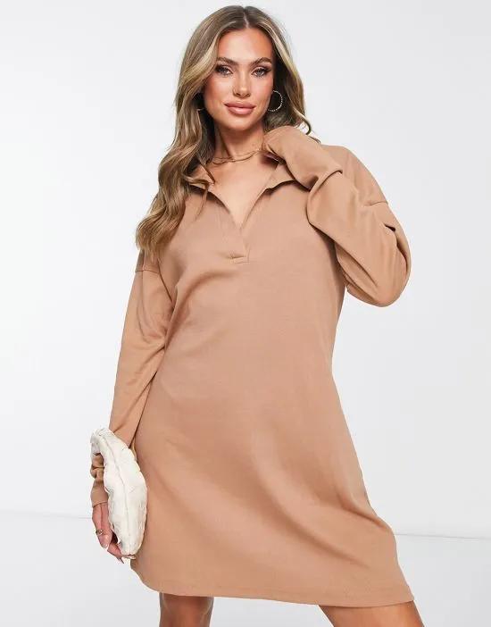 ribbed collared mini dress in camel - CAMEL