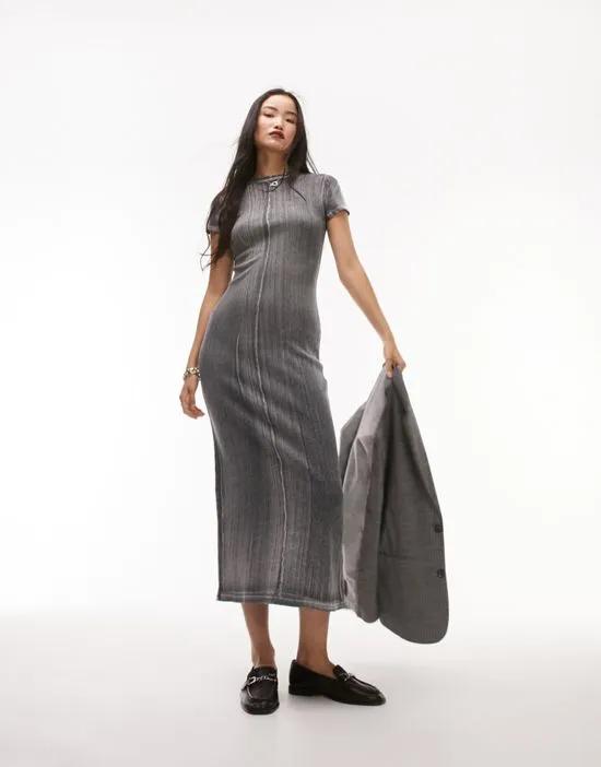 ribbed column jersey short sleeve midi dress in washed gray