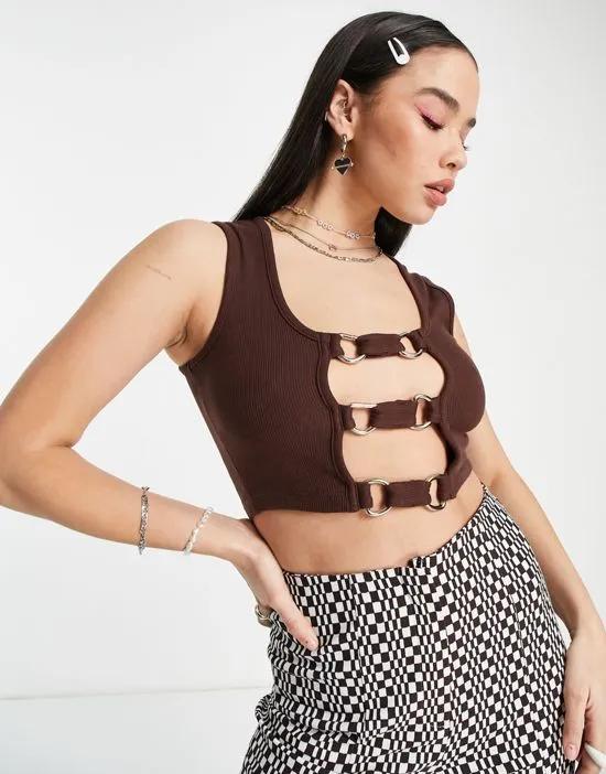 ribbed crop tank top with plunge ring front detail in brown