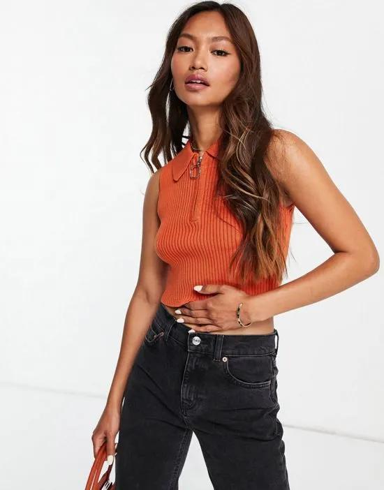ribbed crop top with zip neck and collar detail