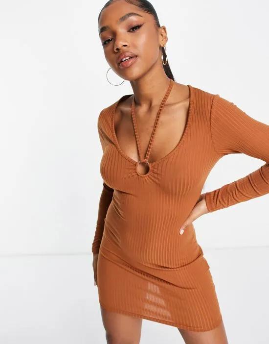 ribbed cut out detail mini dress in camel