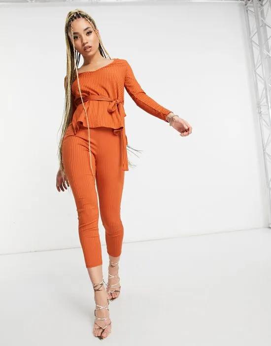 ribbed fitted pants set in orange