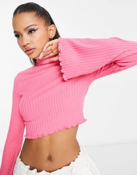 ribbed flare sleeve lettuce top in pink