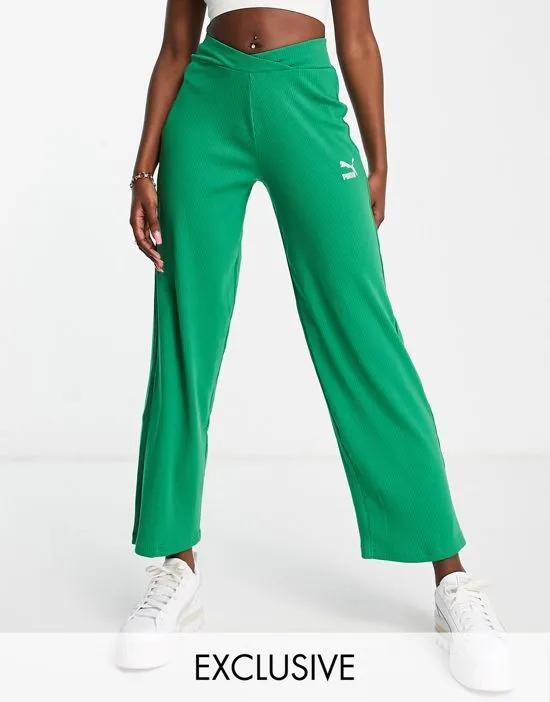 ribbed high waist wide leg pants in green - Exclusive to ASOS