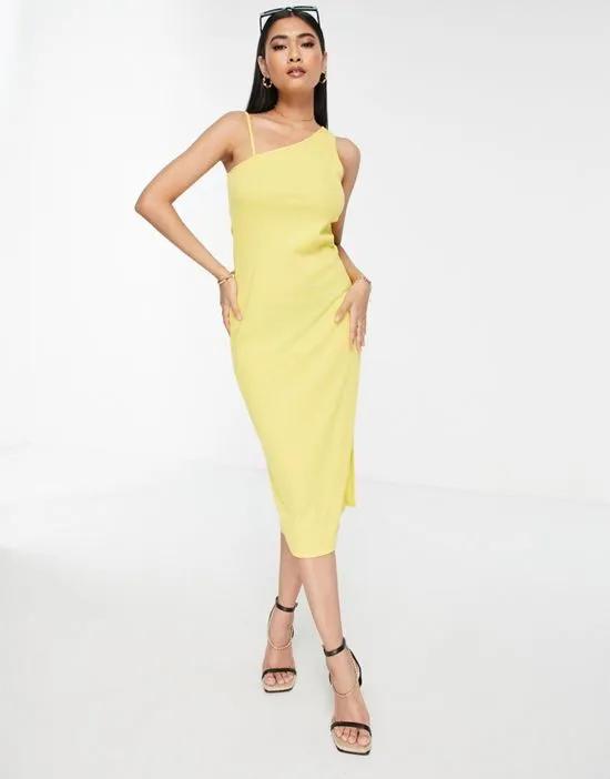 ribbed jersey body-conscious midi dress with one shoulder in yellow