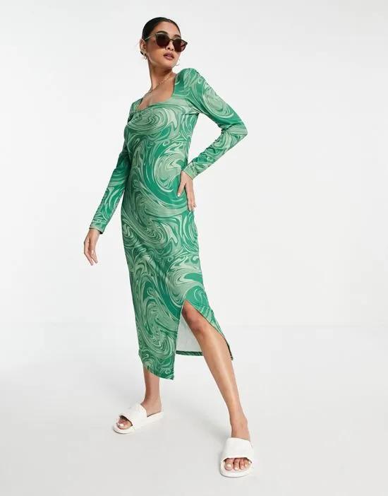 ribbed jersey midi dress in green swirl print