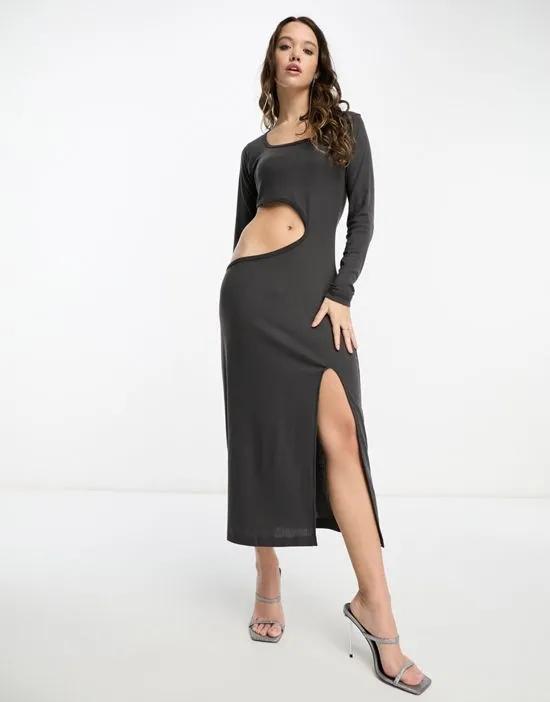 ribbed knit midi dress with cut-out in slate