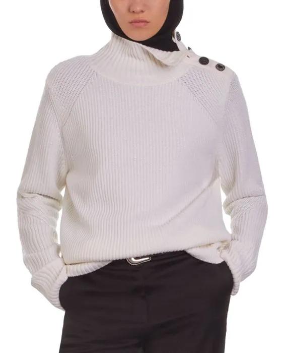 Ribbed Knit Wool Funnel Neck Sweater
