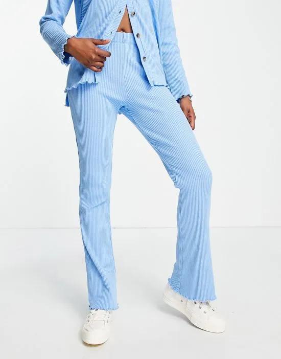 ribbed lettuce edge flared pants in blue - part of a set