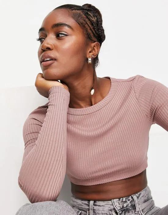 ribbed long sleeve crop top in taupe