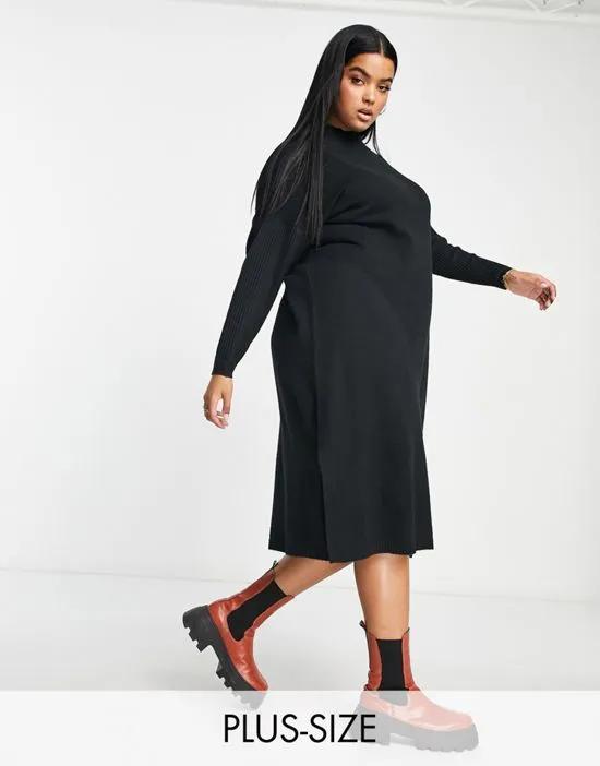 ribbed long sleeve knitted midi dress with side split in black