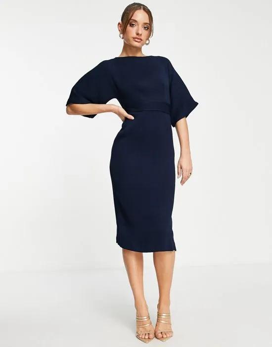 ribbed pencil dress with tie belt in navy